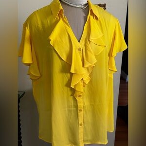 New York & Company Women's Yellow Ruffle Button-Front Blouse